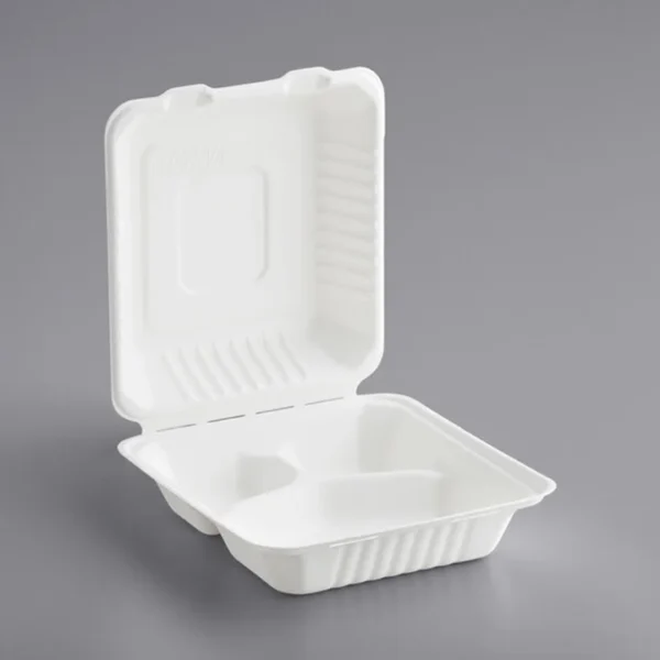 8”/3-Sugar Cane Hinged Take-Out Container - 200/case/SG83