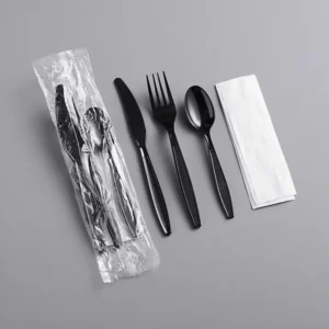 Heavy Weight Black Wrapped Plastic Cutlery Pack with Napkin - 250/Case/FSKN601