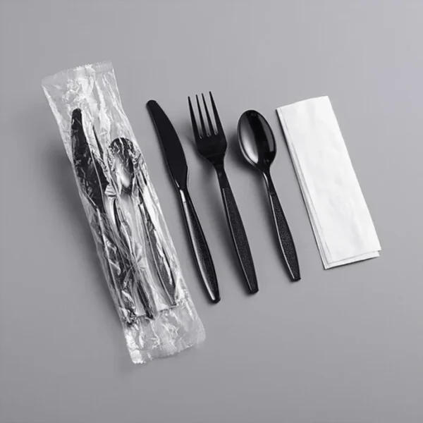 Heavy Weight Black Wrapped Plastic Cutlery Pack with Napkin - 250/Case/FSKN601